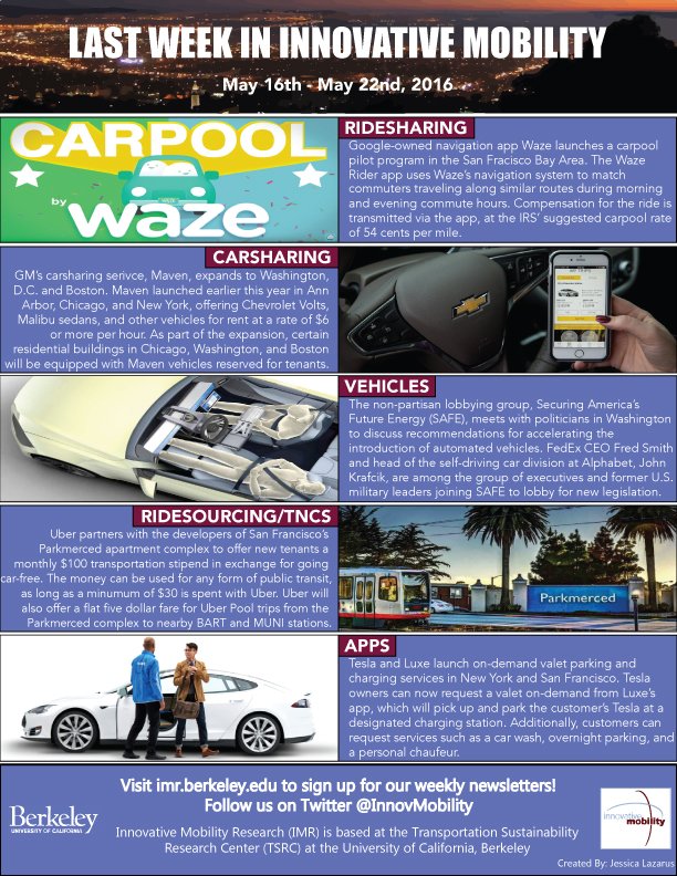 SusanShaheen1's tweet image. Innovative Mobility Highlights: May 16th to May 22nd, 2016 on @LinkedIn linkedin.com/pulse/innovati… #carsharing #dmo2015