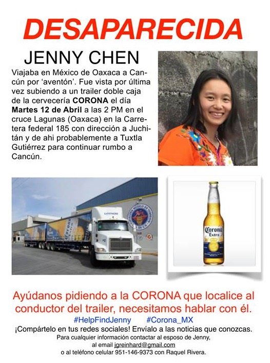 HelpFindJenny1's tweet photo. Hola @CNNEE ayúdanos con un Retweet por favor #HelpFindJenny turista china desaparecida @Corona_MX https://t.co/pCnCBoxFQY