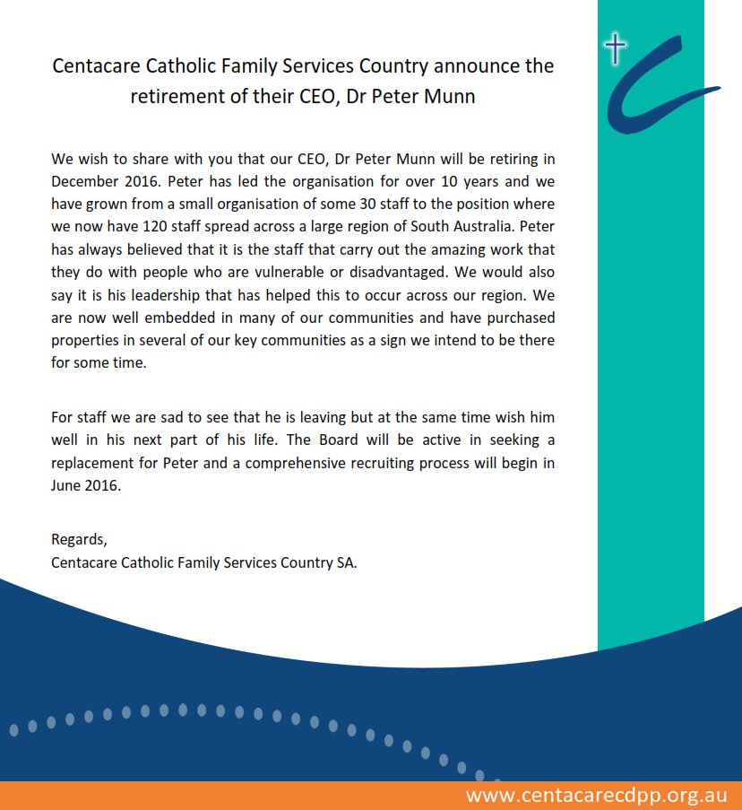CentacareCCSA's tweet photo. Media Release - @Centacare_CSA announce the retirement of their CEO, @PeterDMunn #CEO #Retirement #WellWishes https://t.co/9uO8BQbTC9