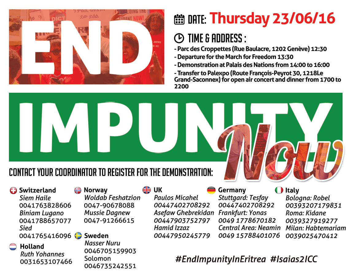 StopSlaveryInEr's tweet photo. Join our March for Justice in Geneva on June 23rd 2016 #EndImpunityInEritrea #Isaias2ICC #HRC32 #COIEritrea #Eritrea https://t.co/8zyw8QOpl2