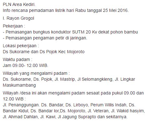infokediri's tweet photo. Jadwal Pemadaman Listrik oleh PLN Area Kediri pada hari ini https://t.co/rRe6ozjOdV