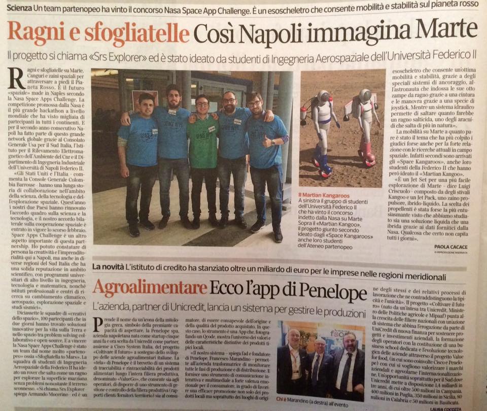 SfogliaToMars's tweet photo. Sfogliatella To Mars, winner of @spaceapps Naples with #SRSExplorer project, now on Italian newspaper @Corriere https://t.co/sgxyVJ7Plh