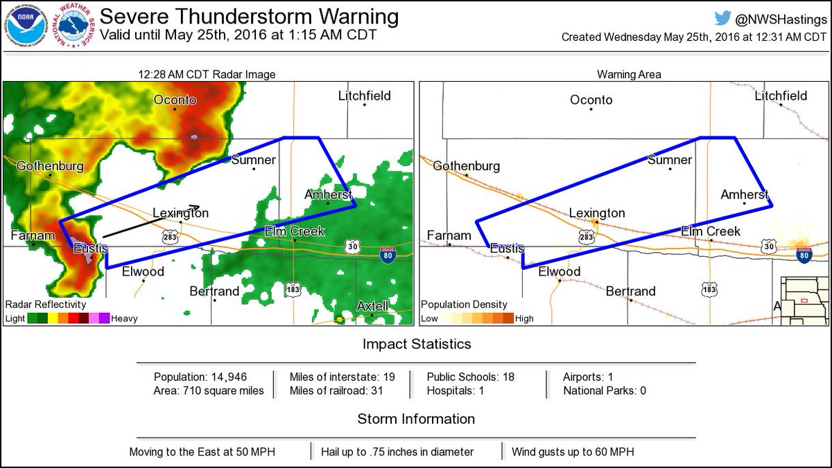 NWSHastings's tweet photo. ⚠️ Severe Thunderstorm Warning including Lexington NE, Amherst NE, Sumner NE until 1:15 AM CDT https://t.co/KStLKZ6UUo