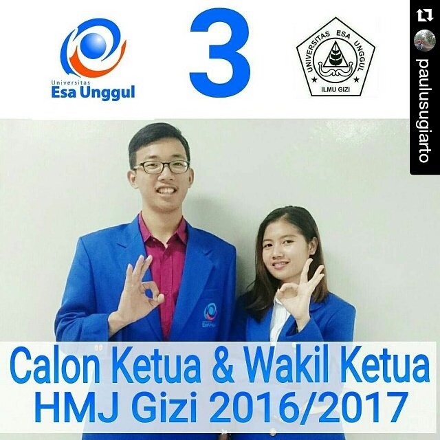Ini calon pasangan ketua dan wakil ketua HMJ gizi UEU dengan no #3 <a href="/murykuswari/">Avery</a> <a href="/UnivEsaUnggul/">Universitas Esa Unggul</a> <a href="/Gizi_EsaUnggul/">Gizi Esa Unggul</a>