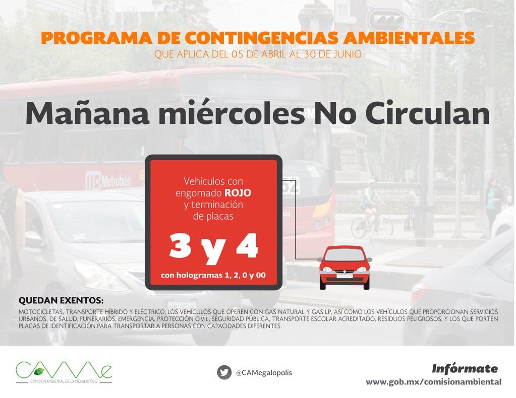 #Aviso Se levanta la contingencia ambiental y este miércoles no se aplica el #DobleHoyNoCircula