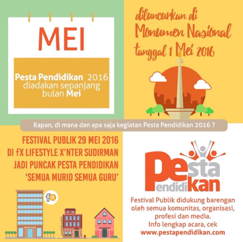 Hampir sebulan sudah @Pekan2016 . Yuk dtg ke puncak perayaan #PestaPendidikan di FX Sudirman,Minggu 29 Mei.