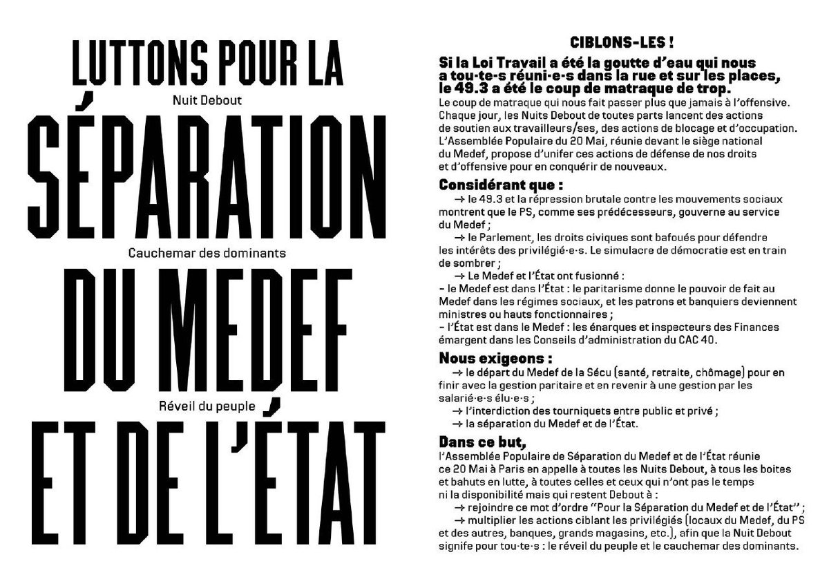 PAROLE_auPeuple's tweet photo. Séparation du #Medef et de l' #état  ! 
#ConvergenceDesLuttes #NuitDebout #cashinvestigation #JeSoutiensLaGreve https://t.co/GqXGI27Alx