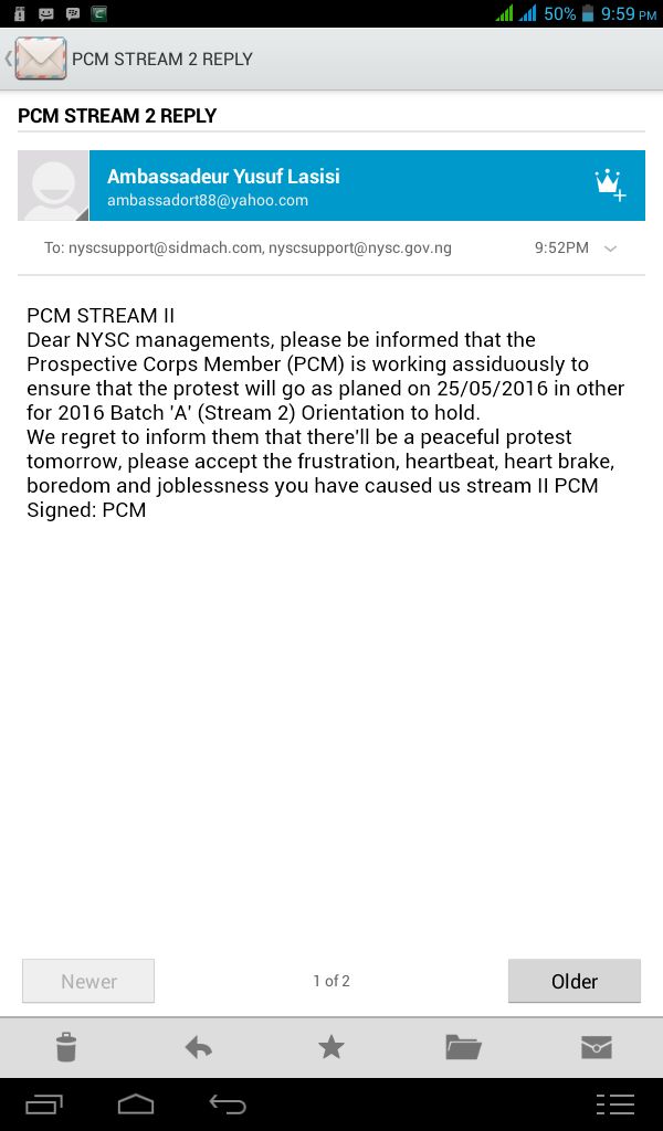 Presidentsegun's tweet photo. #NoPostponementOf2016batchAStream2 @nysc_ng CC: @lindaikeji @MobilePunch @vanguardngrnews @infonaija @sunrisedaily https://t.co/5FxgqFWosu