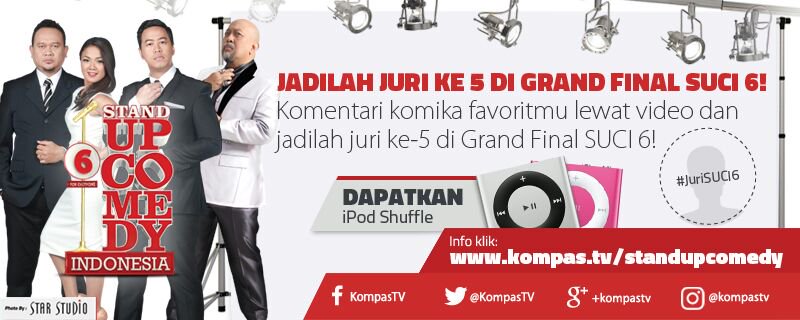 StandUpKompasTV's tweet photo. Mau jadi juri ke 5 di SUCI6? jangan lupa submit video komentarmu tentang 2 grand finalis dengan hashtag #JuriSUCI6 https://t.co/1W5EAh9Orl