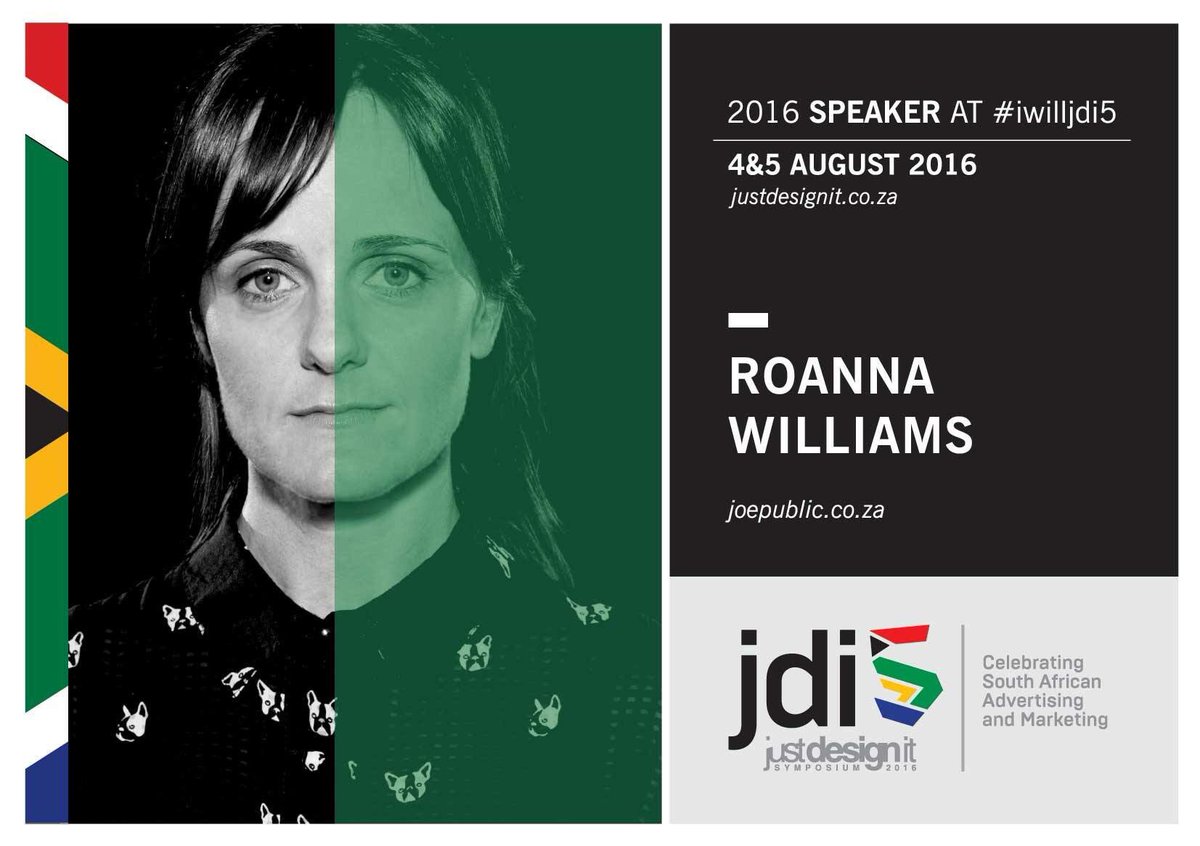 justdesignit101's tweet photo. Through Roanna Williams presentation we will see why Joe Public win all those Loeries at JDI5 this August #iwilljdi5 https://t.co/s5zdzG5s5D