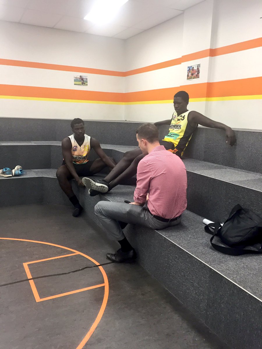 AFLNT's tweet image. The U16s have hard work ahead, while Patrick &amp;amp; Moses are talking footy and family with @NTNewsSport #academytraining