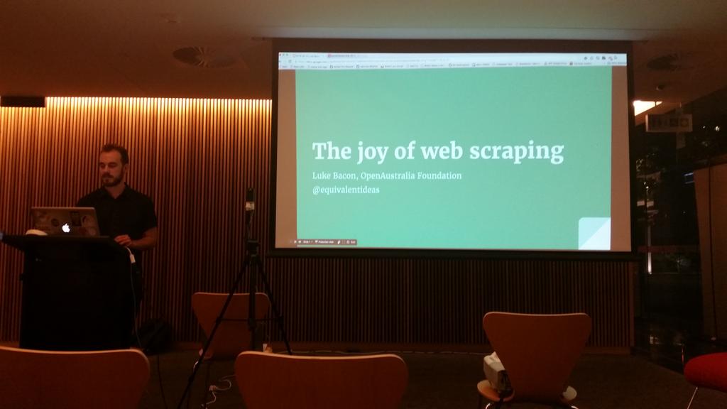 hub4101's tweet photo. Luke Bacon from @OpenAustralia shares handy web scraping tools tonight at @HacksHackersBNE #hub4101 https://t.co/69YNW9a3te