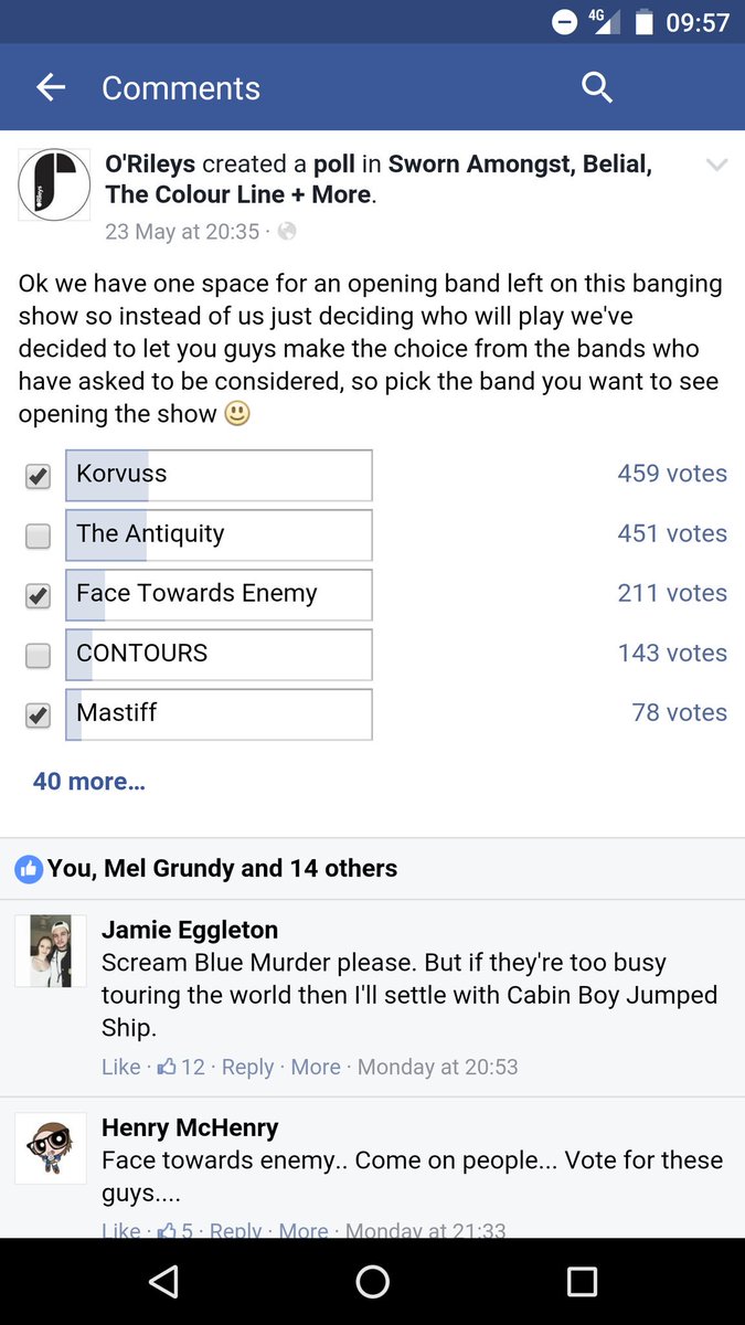 We're in the lead but it's close. Please go vote on FB for us to support <a href="/Sworn_Amongst/">Sworn Amongst</a>, Belial &amp; <a href="/thecolourline/">THE COLOUR LINE</a>!