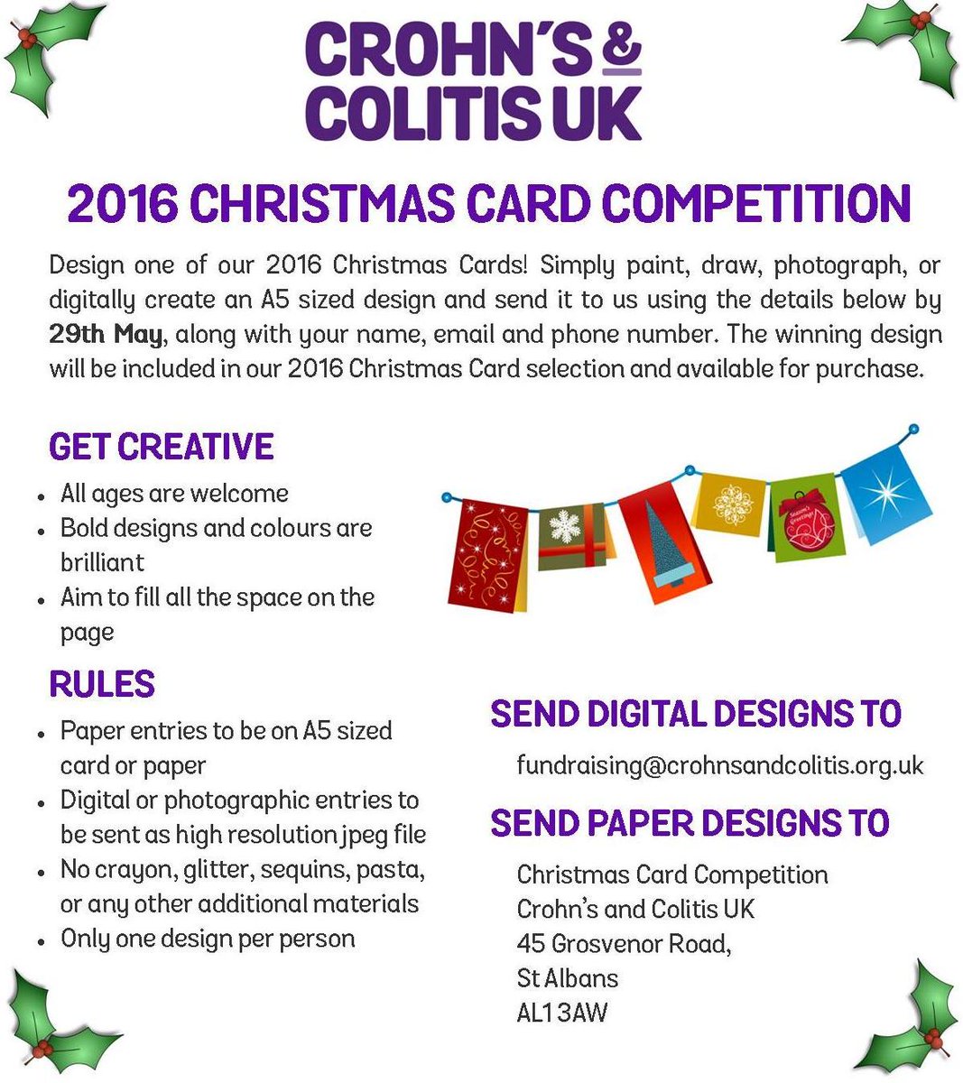 CrohnsColitisFR's tweet photo. The @CrohnsColitisUK Christmas Card Competition is closing soon! One design will be published! #ChristmasIsComing https://t.co/zUWvBrjG5g