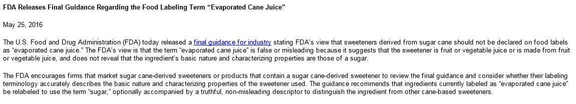 ABC's tweet photo. FDA says sweeteners derived from sugar cane should not be declared on food labels as "evaporated cane juice." https://t.co/9N5OLR64Rw