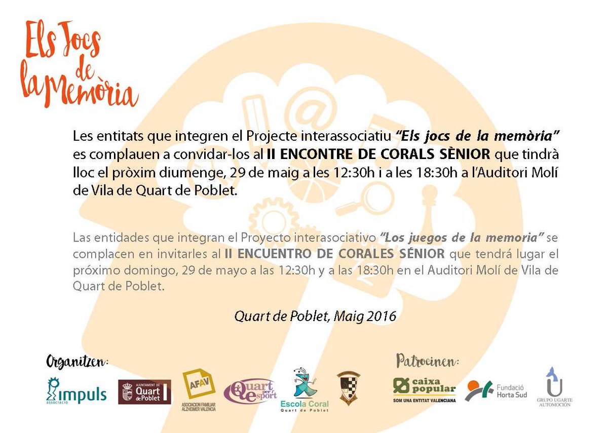 majorsQdP's tweet photo. CANTAR EN UN COR SALUT A PLE PULMÓ #elsjocsdelamemòria 29 DE MAIG Auditori Molí de Vila @quartdepoblet https://t.co/Gdjm78OYC7