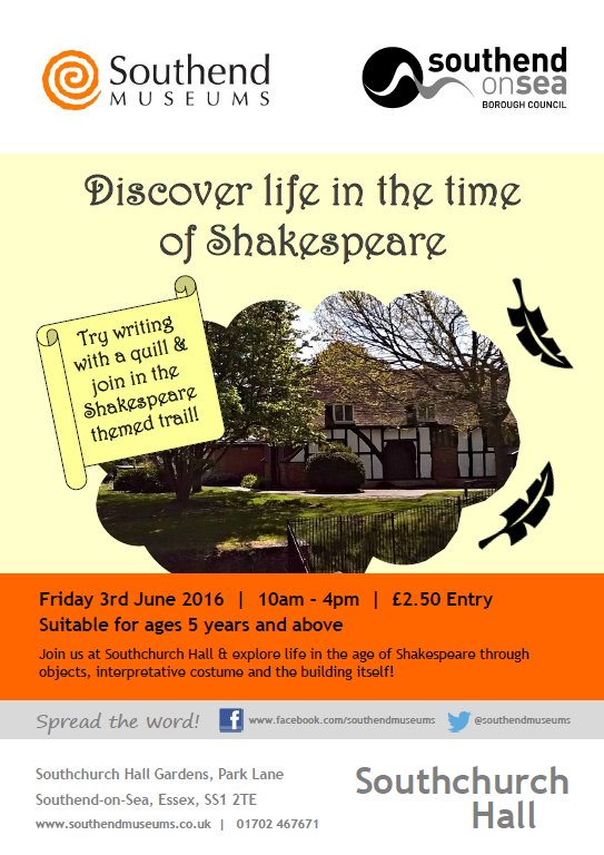 SouthendMuseums's tweet photo. Discover life in the age of #TheBard at #SouthchurchHall 3rd June #ShakespeareTrail #ObjectHandling & more! https://t.co/IBBKLRWxbE