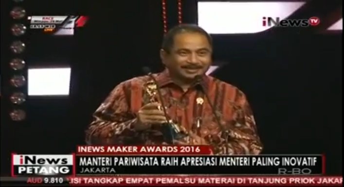 SeputariNews's tweet photo. Menteri Pariwisata @ir_ariefyahya berhasil meraih apresiasi sebagai menteri paling inovatif #iNewsMakerAwards2016 https://t.co/YGBfMOKTle