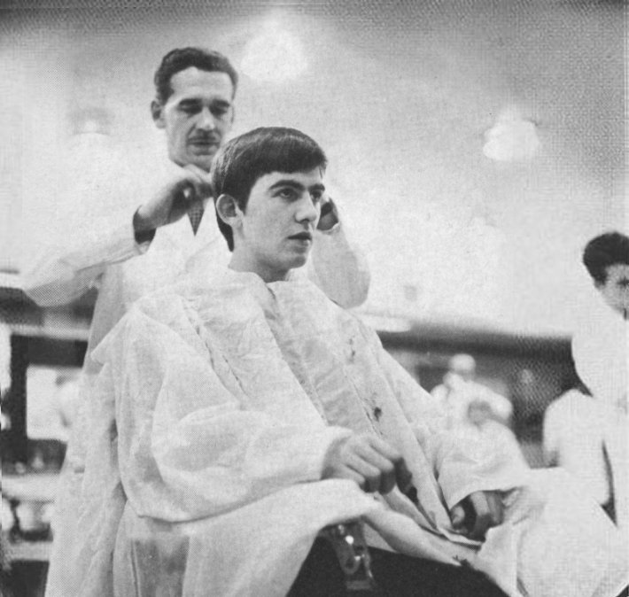 GeorgeHarrison's tweet photo. #OTD 25MAY1963 @thebeatles get a trim at Horne Brothers Barbershop, Liverpool. Photo: Dezo Hoffman https://t.co/uuyK3yaTmT