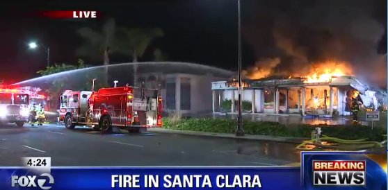 BrianFloresTV's tweet photo. Firefighters battling 4-alarm fire off El Camino Real &amp; Lawrence Expressway in Santa Clara. https://t.co/eAAWZTE3Cn