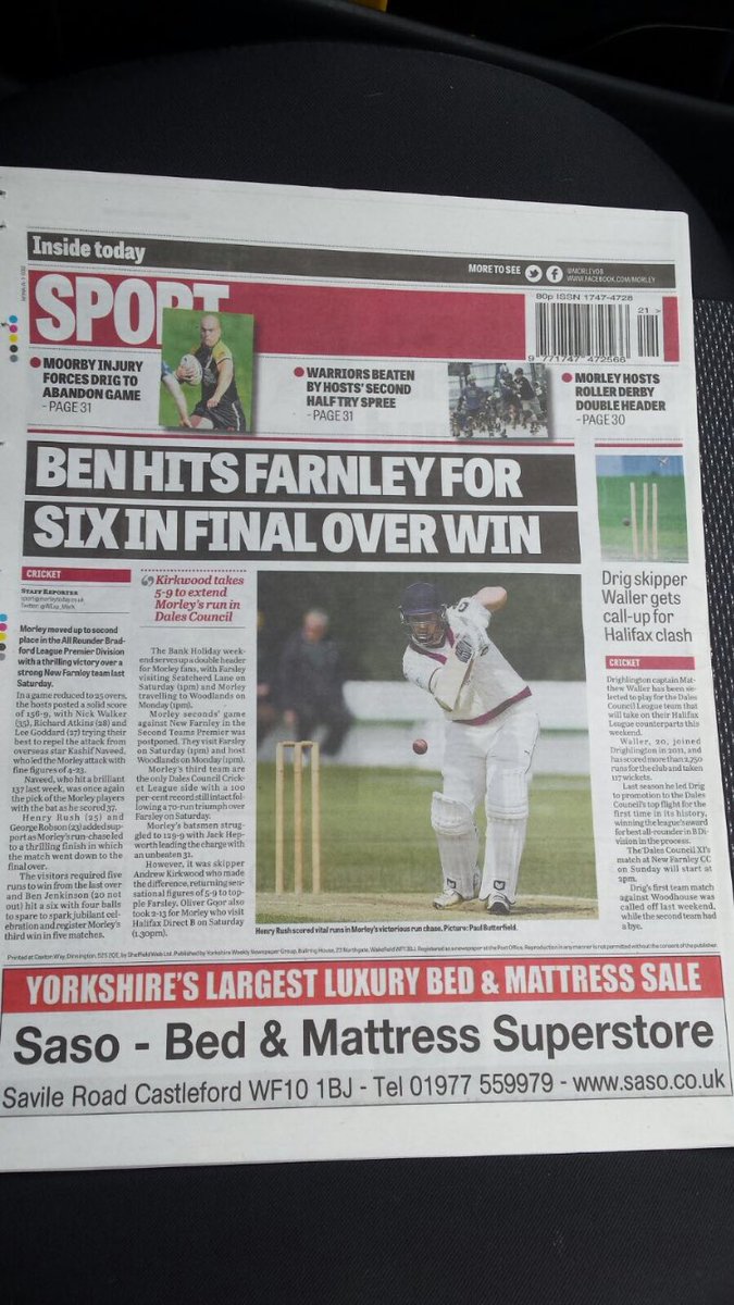 HenryRush7's tweet photo. Bit of coverage in the local paper for @B3cricket @bclcricket love a @morleycrick win! #secondintheleague https://t.co/wClOFE0DMO