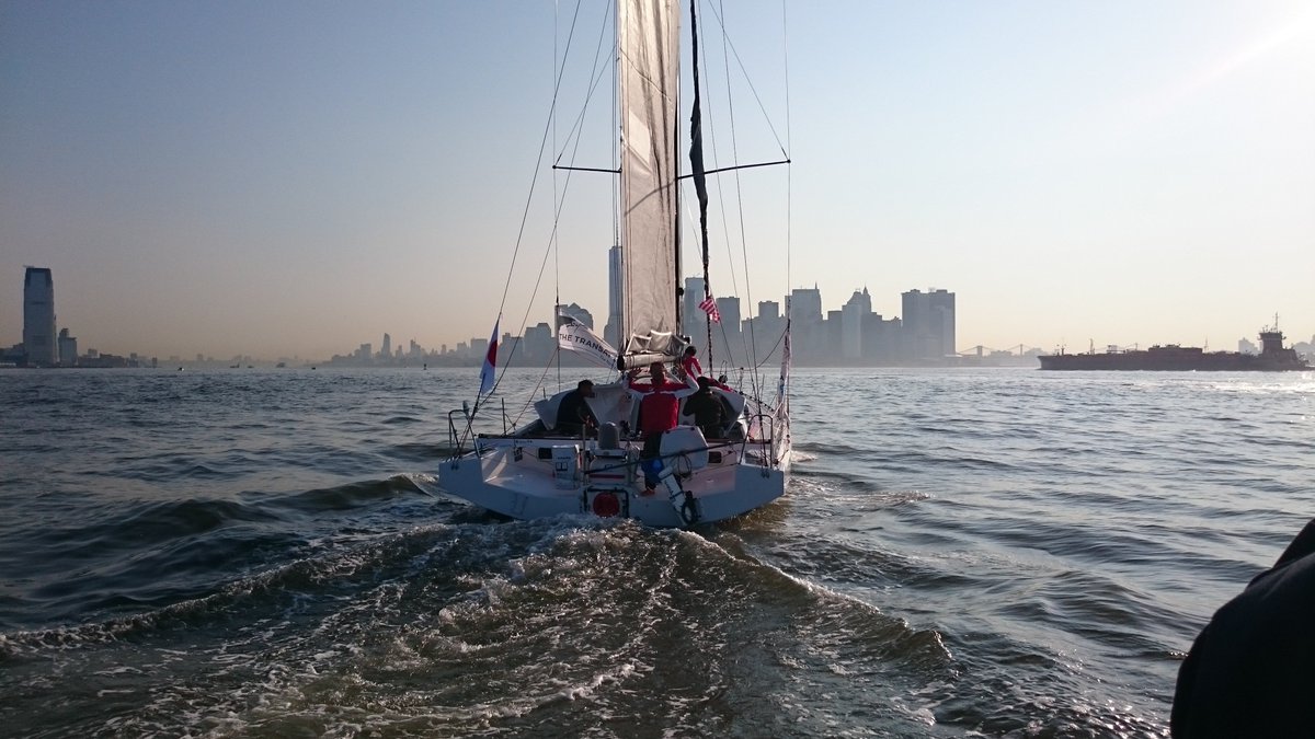 After 22 days, 18hrs, 3mins &amp; 45secs at sea Hiroshi Kitada completes #TheTransat 2016. Incredible achievement.