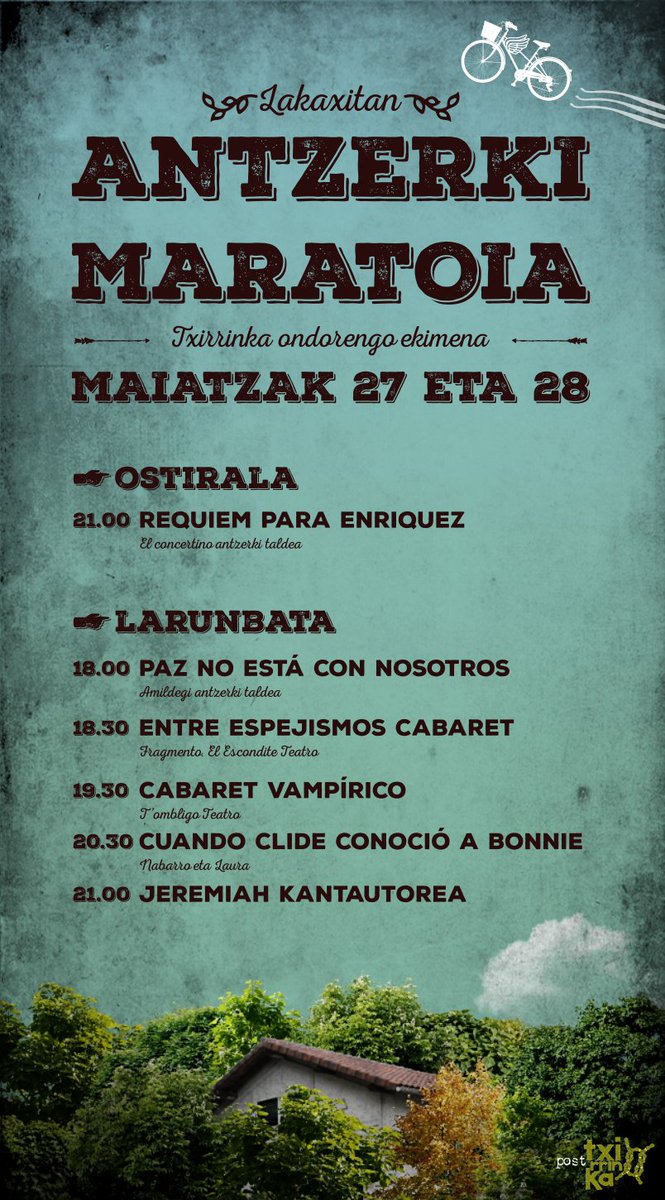 txirrinka2016's tweet photo. Maiatzak 27-28: Antzerki Maratoia Lakaxitan (Irun)
https://t.co/GAeLJxI8lh
@irunhitza @piztu_info @oarsobidasoa https://t.co/gCY2Ysac9k