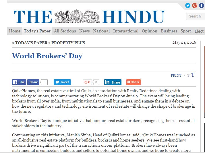 WorldBrokersDay's tweet photo. World Broker's Day and @Quikr Homes are making waves across all various newspaper in India.
#WBD2016 #QuikrHomes https://t.co/G5CCCjyRtv