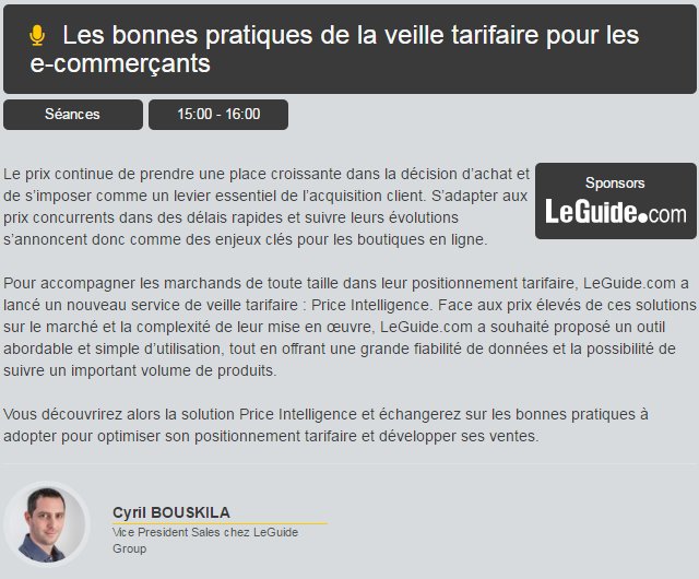 LeGuide_com's tweet photo. Demain retrouvez @cyrilbouskila pour un #workshop sur les bonnes pratiques de la veille tarifaire au @EcomConnect https://t.co/5TVBoPxdl6