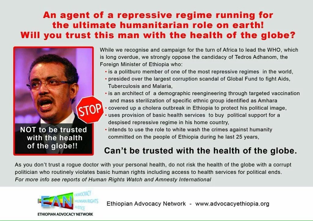 EA Observer (@horn__observer) on Twitter photo Our silence is an endorsement for him. His track record clearly shows that he doesn't fit to lead <a href="/WHO/">World Health Organization (WHO)</a>. Our silence is an endorsement for him. His track record clearly shows that he doesn't fit to lead <a href="/WHO/">World Health Organization (WHO)</a>.