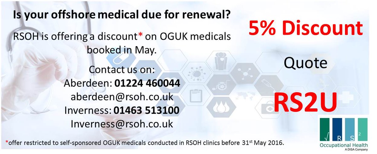 RSOH_DISA's tweet photo. 1 week left to take advantage of our 5% discount offer on #offshore medicals. Applicable to self-sponsors. #Aberdeen https://t.co/YbUHA29b1Z
