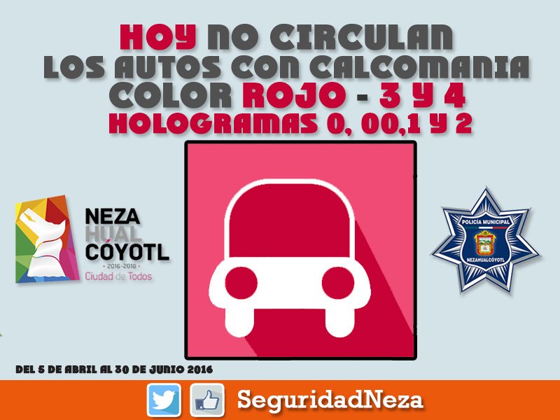#HoyNoCirculan vehículos con engomado rojo terminación 3 y 4 y   holograma 1,2,0 y 00