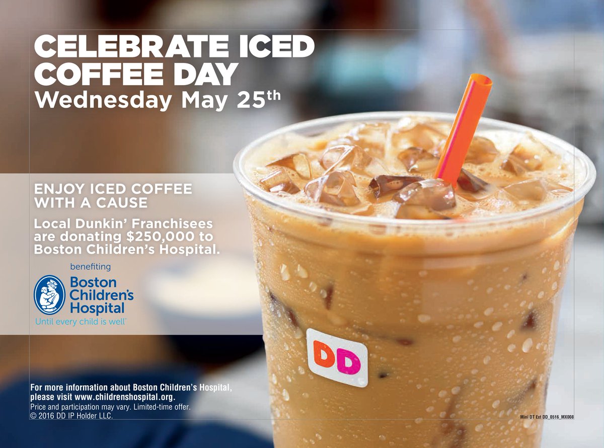 helpkids's tweet photo. Happy Iced Coffee Day! Thank you EMass. Dunkin Donuts franchisees for donating $250,000 to @BostonChildrens! https://t.co/68yG5UBD8c