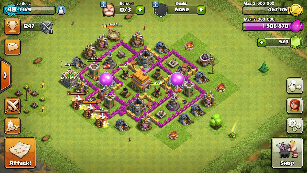 LeBestClan's tweet photo. My base right now, not great but it's something https://t.co/6v6Pv4thab