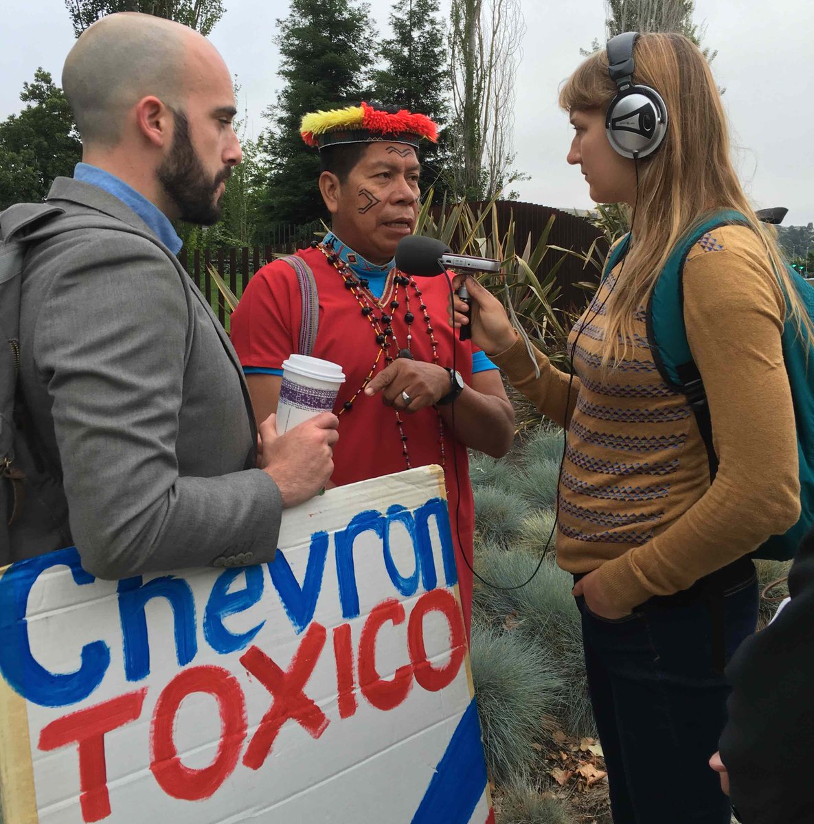 Activists, indigenous pple & scientists R inside & outside the #ChevronAGM demanding #ClimateJustice & #HumanRights!