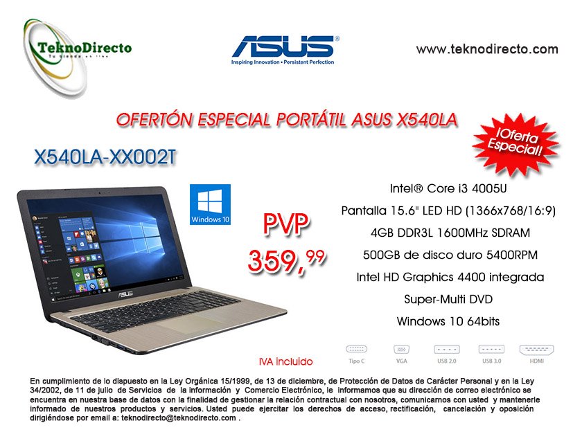 TeknoDirecto's tweet photo. Ofertón #portatil #Asus #X540LA con #Windows10 ! Sólo 359.99€(IVA incluido) Entrega 24h!
https://t.co/nmREUr6SX3 https://t.co/hjxRMspZQp