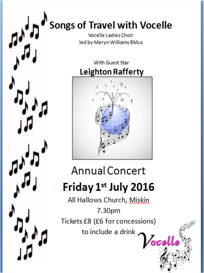 Annual concert Friday 1st July, 7.30pm at All Hallows, Miskin.  Anybody for tickets? xx