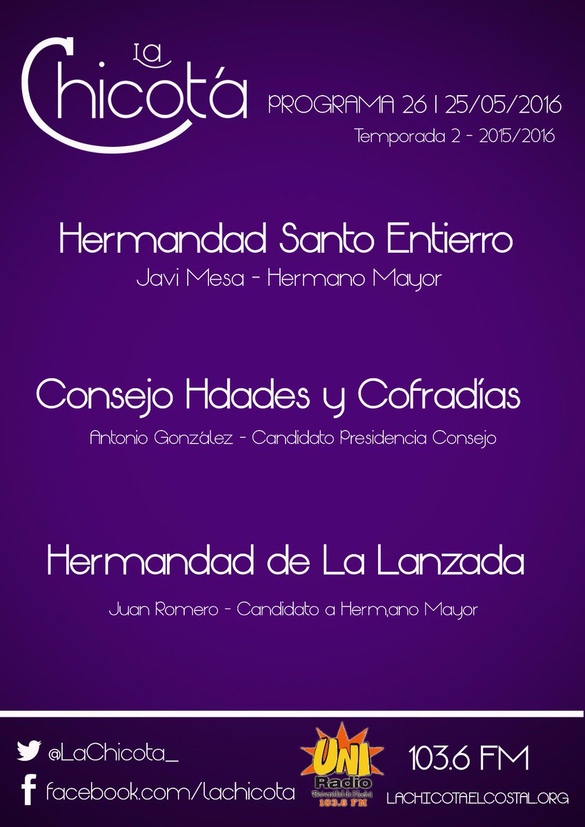 En 15 minutos, nuevo programa y hoy os traemos esto. Recuerda a las 19:00 en el 103.6 fm y lachicota.elcostal.org