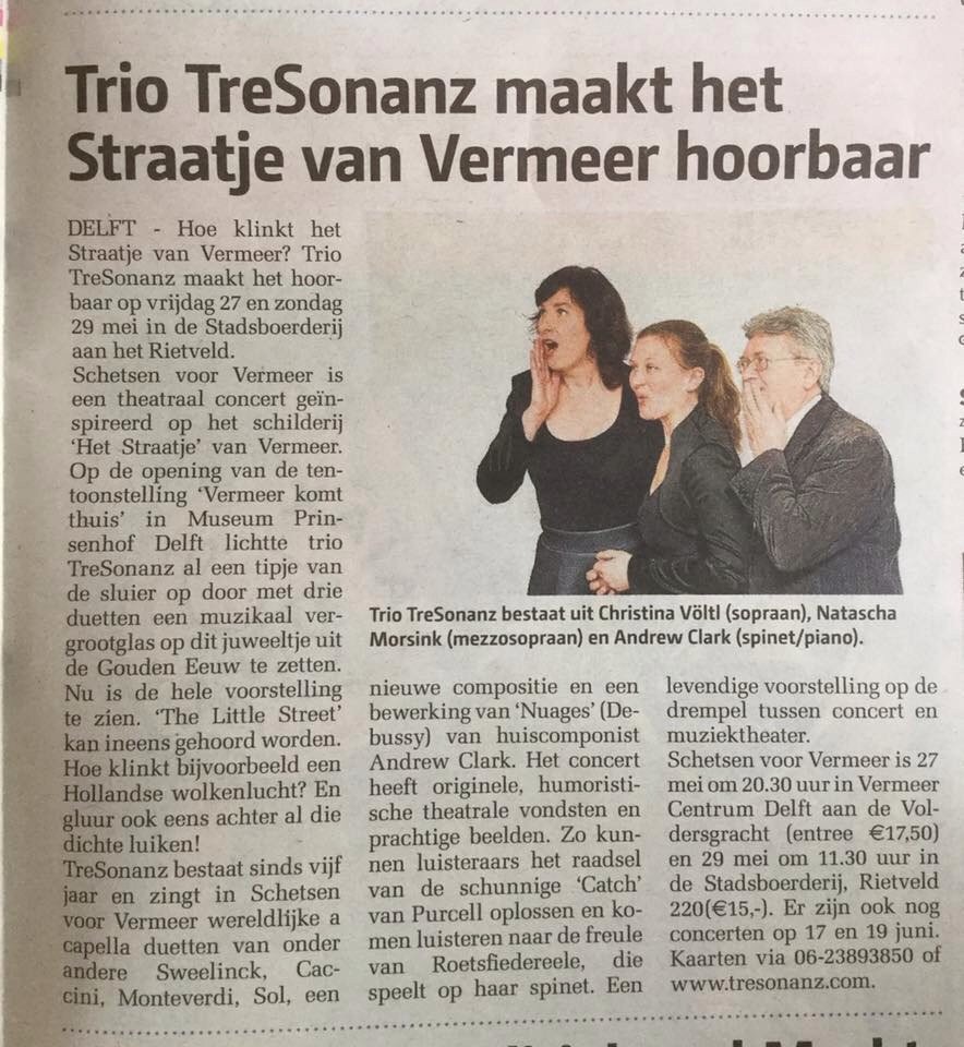 As vrijdag 20.30 uur in het Veermercentrum : Schetsen voor Vermeer - het straatje in muziek!
