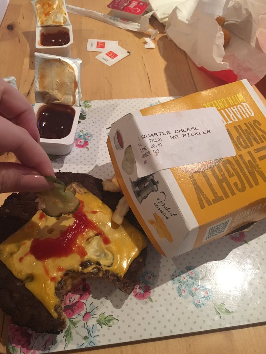 Skucey's tweet photo. Arrgghh @McDonaldsUK I said no pickles 😢 burger ruined by those little green devils (boyfriend ate the others) https://t.co/au8fuiAdzn