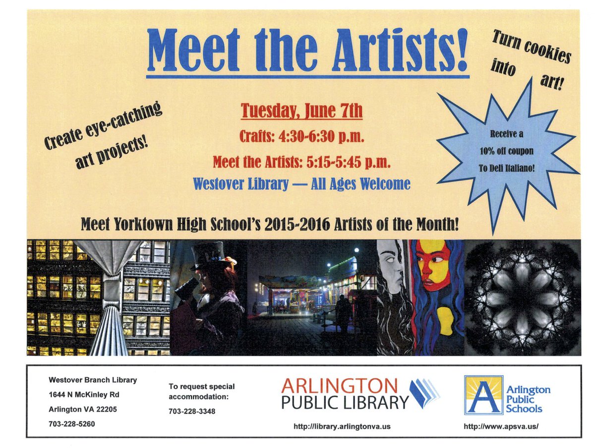 Meet the Artists at Westover Library! Tuesday, June 7 4:30-6:30 <a href="/YorktownPhoto/">YHS Photography</a> <a href="/APSArts/">APS Arts Education</a>