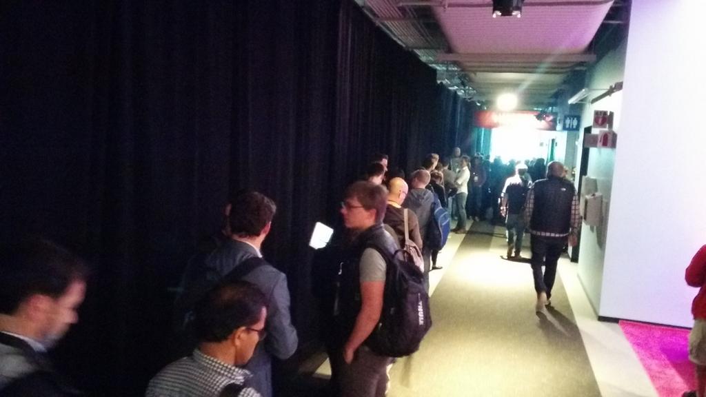 eventsforgamers's tweet image. Long line to attend #botkit (#botdev) talk at the end of #twilioconf day 2.
