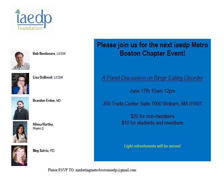 IAEDPboston's tweet photo. Join us for our 6/17 professional event, which will feature a panel discussion on binge eating disorder! Details: https://t.co/7hnuiuZ4Xi