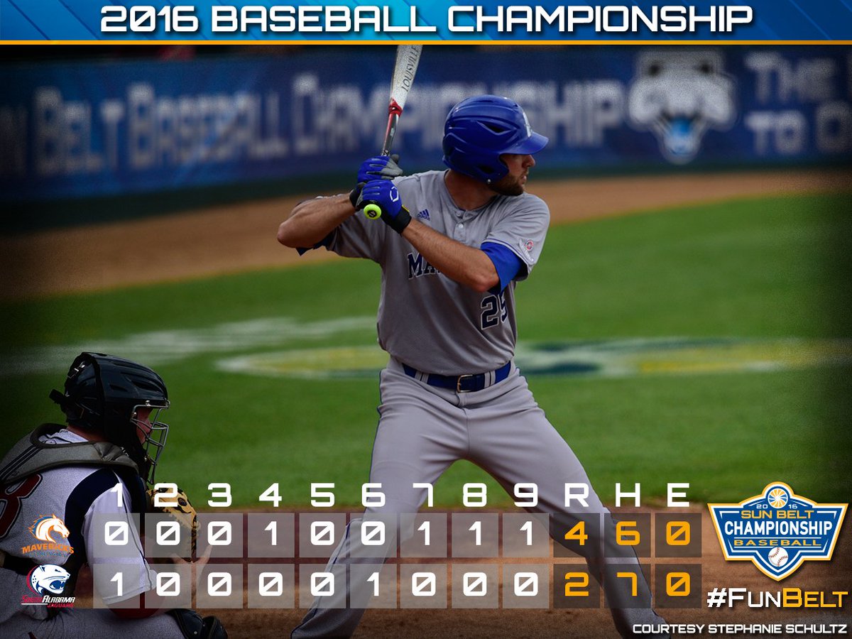 SunBelt's tweet photo. Mavs up! #7 @UTArlingtonBSB upsets #2 @SouthALBaseball, 4-2, in the Baseball Championship opening round
#FunBelt https://t.co/gbwQbtaJSL