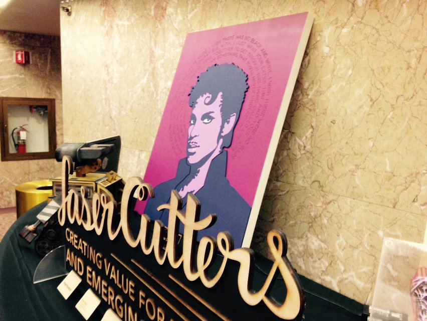 ScottKirsner's tweet photo. Prince tribute at #TSdemoday, laser cut by @dangerawesome: https://t.co/x6pxjB3HSS