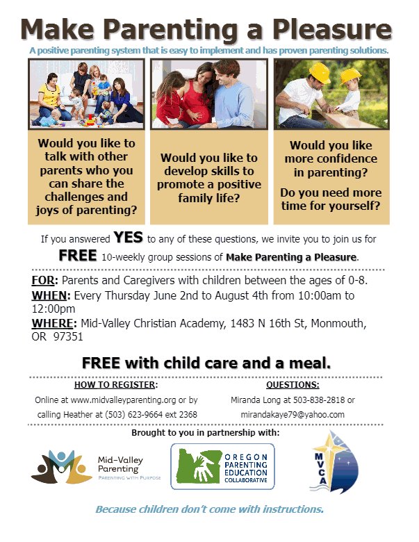 TRICDC's tweet photo. Mid-Valley Parenting of Polk County is offering a 10-week "Make Parenting a Pleasure" class on June 2nd in Monmouth! https://t.co/AuyCN8Jw25