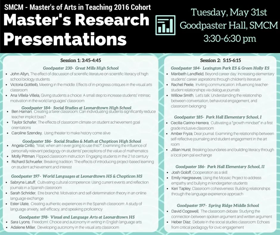 SMCMEdStudies's tweet image. Join us Tuesday, 3/31 for the 2016 MAT Cohort's Master's Research presentations! #MAT2016 #smcmMAT