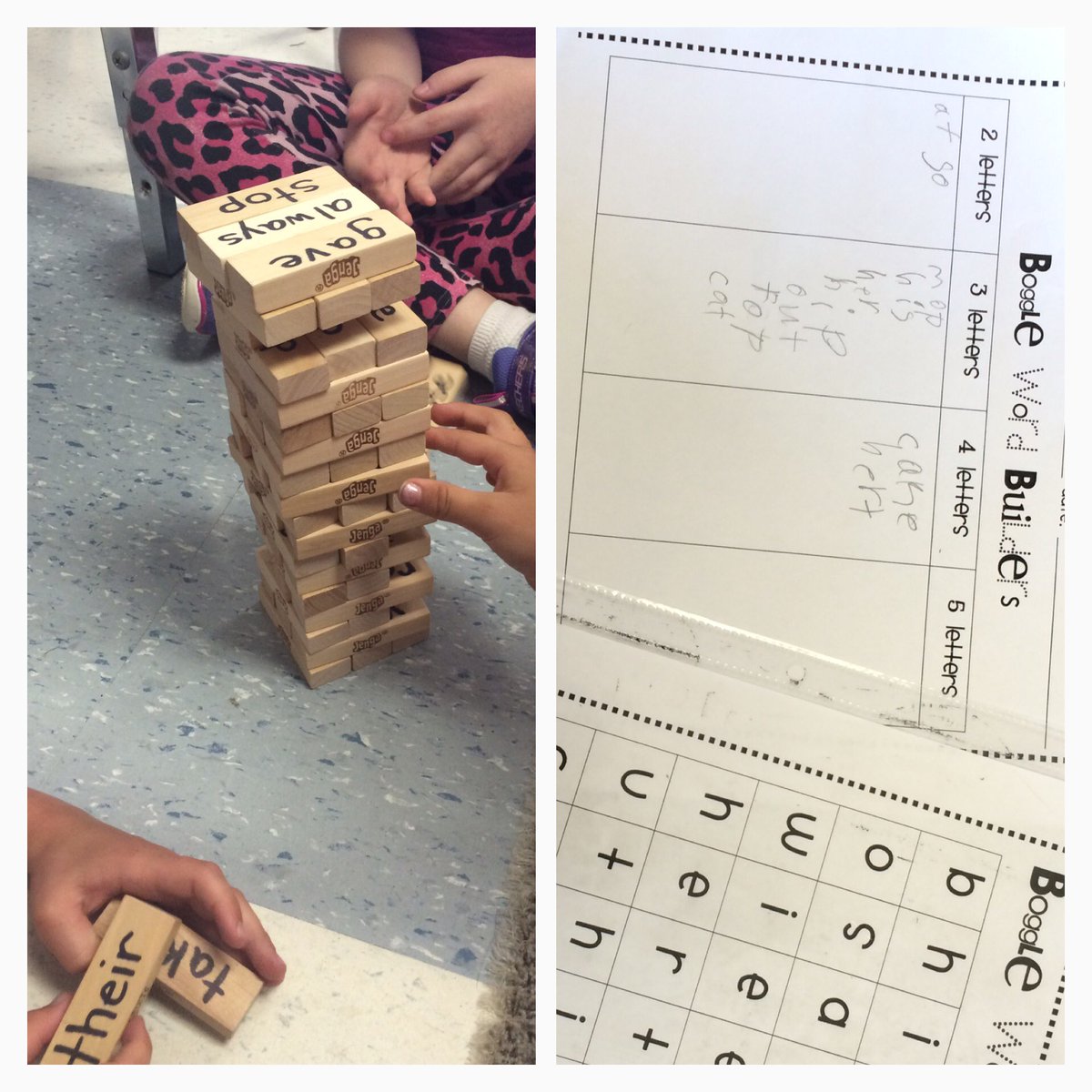 MissADua's tweet photo. Sight word practice through a game of Jenga &amp; finding words during boggle. The Ss love these centres! #sccdsb https://t.co/JIsM4Sezlk