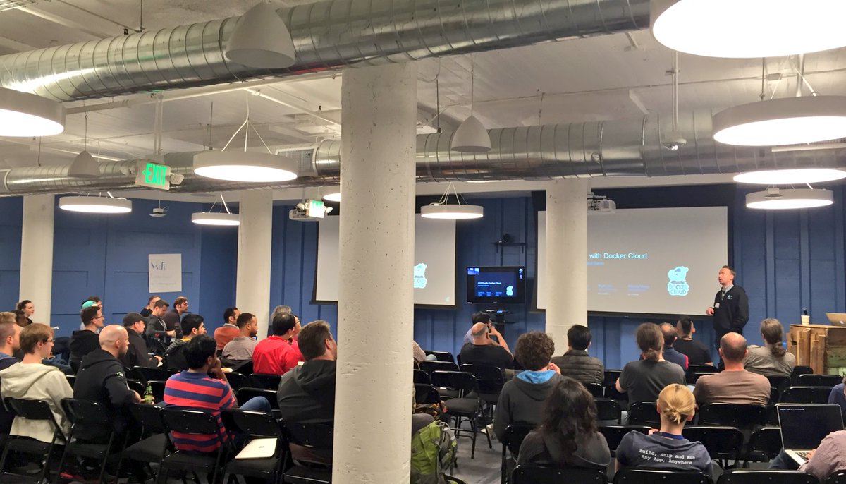 Docker's tweet image. We&apos;re getting the evening started at the @docker SF #Meetup w/ @pkennedyr talking about #DockerCloud #Caas #Docker