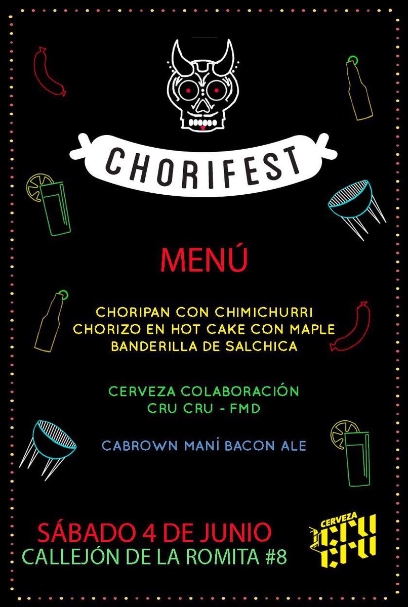 fondamaldiablo's tweet photo. Vamos a comer y beber el 4 de junio al #chorifest en @crucrumx https://t.co/yBx2SO6u11